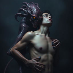 A haunting depiction of lust as a seductive creature, lurking behind a human figure