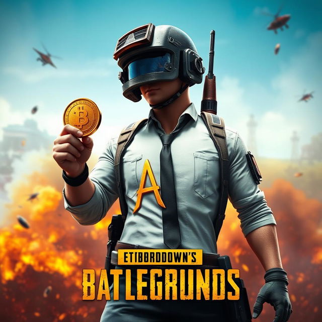 A dynamic scene from PUBG Battlegrounds featuring a character dressed in tactical gear, standing confidently in a battle zone