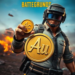 A dynamic scene from PUBG Battlegrounds featuring a character dressed in tactical gear, standing confidently in a battle zone
