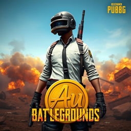 A dynamic scene from PUBG Battlegrounds featuring a character dressed in tactical gear, standing confidently in a battle zone