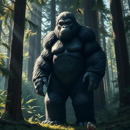 A majestic Bigfoot standing tall in a dense forest setting, surrounded by tall trees and lush greenery