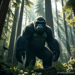 A majestic Bigfoot standing tall in a dense forest setting, surrounded by tall trees and lush greenery