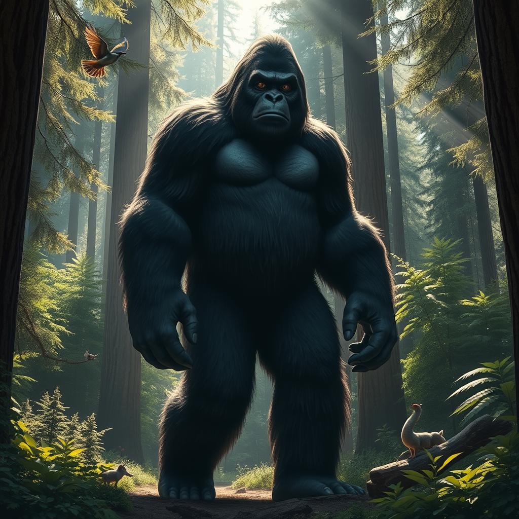 A majestic Bigfoot standing tall in a dense forest setting, surrounded by tall trees and lush greenery