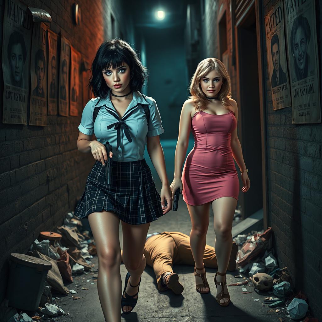 A striking photographic image set in a narrow, dark, dimly lit alley filled with garbage, embellished with old 'Wanted' posters on the walls