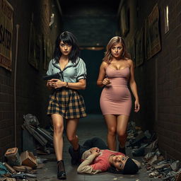 A striking photographic image set in a narrow, dark, dimly lit alley filled with garbage, embellished with old 'Wanted' posters on the walls