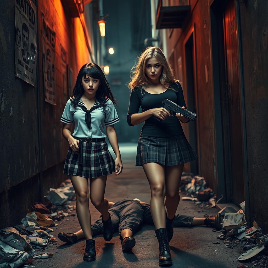 A captivating photographic image set in a narrow, dark, dimly lit alley cluttered with garbage and decorated with old 'Wanted' posters on the weathered walls