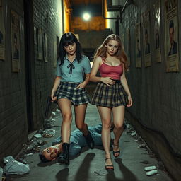 A captivating photographic image set in a narrow, dark, dimly lit alley cluttered with garbage and decorated with old 'Wanted' posters on the weathered walls