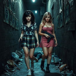 A captivating photographic image set in a narrow, dark, dimly lit alley cluttered with garbage and decorated with old 'Wanted' posters on the weathered walls