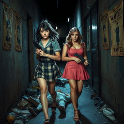 A captivating photographic image set in a narrow, dark, dimly lit alley cluttered with garbage and decorated with old 'Wanted' posters on the weathered walls