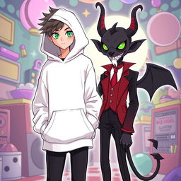 A new character in the style of Hazbin Hotel, wearing a white hoody that has a slightly oversized fit