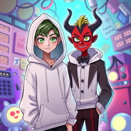 A new character in the style of Hazbin Hotel, wearing a white hoody that has a slightly oversized fit