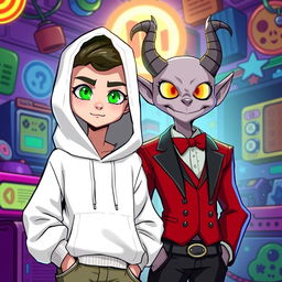 A new character in the style of Hazbin Hotel, wearing a white hoody that has a slightly oversized fit