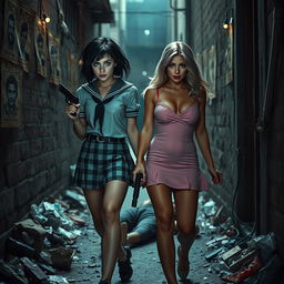 A captivating photographic image set in a narrow, dimly lit alley filled with garbage, adorned with old 'Wanted' posters on the walls