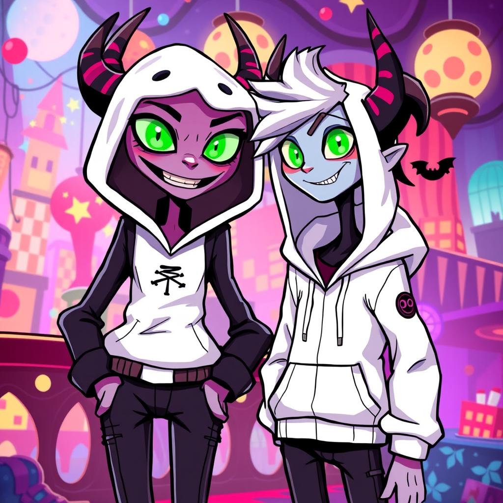 An original character in the style of Hazbin Hotel, standing next to Alastor