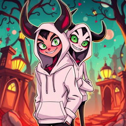 An original character in the style of Hazbin Hotel, standing next to Alastor