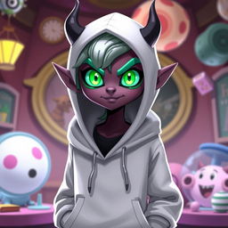 A new character for Hazbin Hotel, featuring a devilish, humanoid figure with vibrant green eyes and a stylish white hoodie