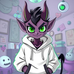 A new character for Hazbin Hotel, featuring a devilish, humanoid figure with vibrant green eyes and a stylish white hoodie