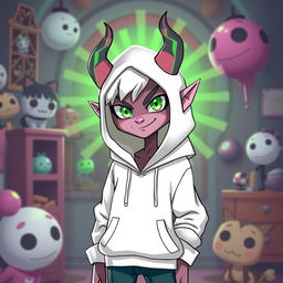 A new character for Hazbin Hotel, featuring a devilish, humanoid figure with vibrant green eyes and a stylish white hoodie