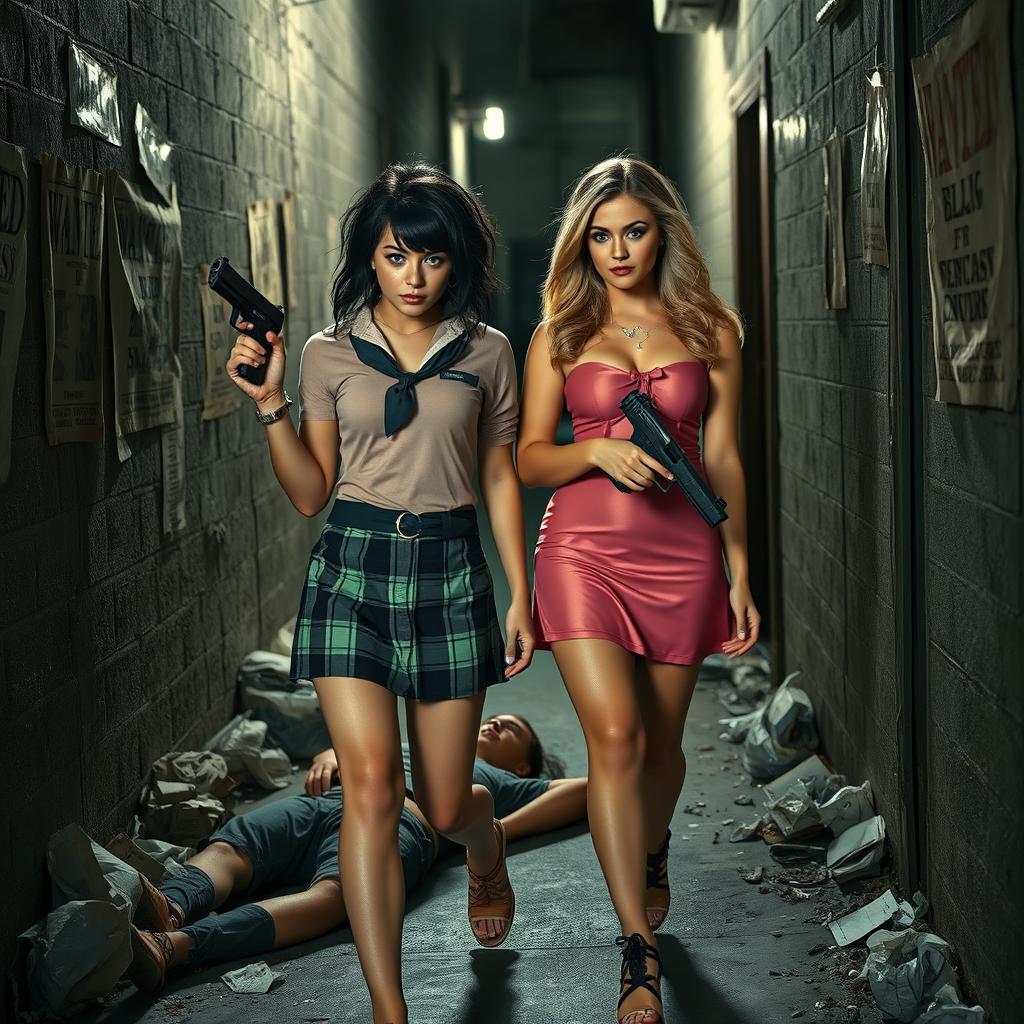 A visually striking photographic image set in a narrow, dark, and dimly lit alleyway cluttered with garbage, featuring faded 'Wanted' posters plastered on the walls