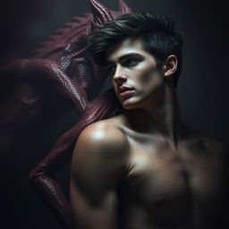 A captivating depiction of lust as a seductive creature, looming behind a young male figure