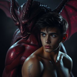 A captivating depiction of lust as a seductive creature, looming behind a young male figure