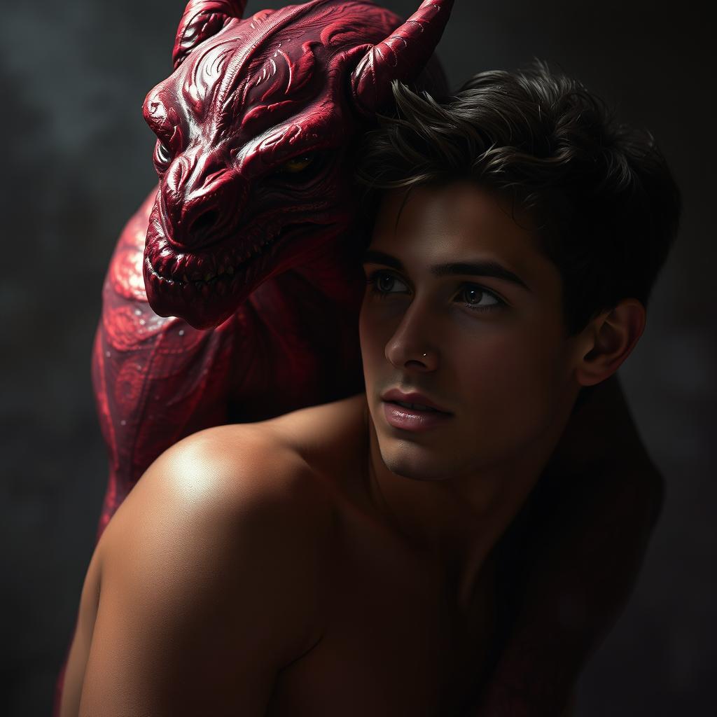 A captivating depiction of lust as a seductive creature, looming behind a young male figure