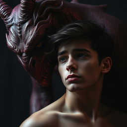 A captivating depiction of lust as a seductive creature, looming behind a young male figure