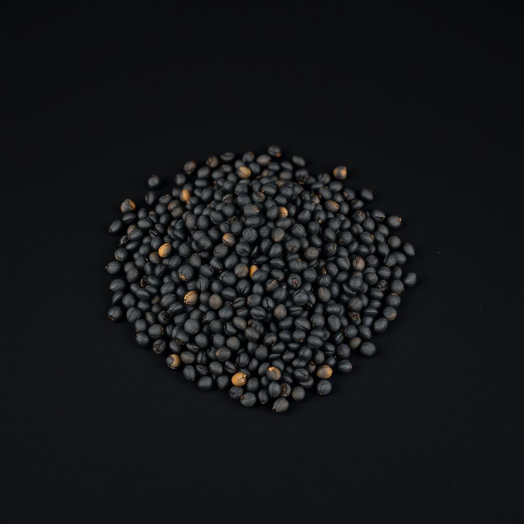 A mound of black peppercorns spilling on a completely black surface, with no other objects in the image