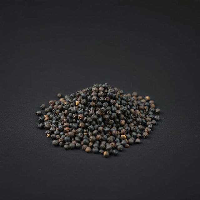 A mound of black peppercorns spilling on a completely black surface, with no other objects in the image