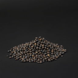 A mound of black peppercorns spilling on a completely black surface, with no other objects in the image