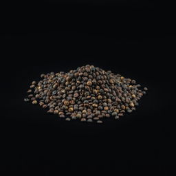 A mound of black peppercorns spilling on a completely black surface, with no other objects in the image
