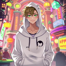 A new male character for the Hazbin Hotel universe, wearing a stylish white hoodie that has a subtle, whimsical design