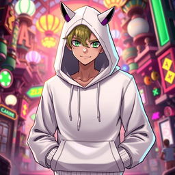 A new male character for the Hazbin Hotel universe, wearing a stylish white hoodie that has a subtle, whimsical design