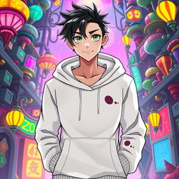 A new male character for the Hazbin Hotel universe, wearing a stylish white hoodie that has a subtle, whimsical design