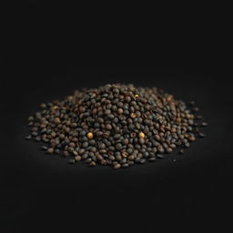 A mound of black peppercorns scattered on a flat, black surface, with no other objects in the image