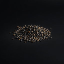 A mound of black peppercorns scattered on a flat, black surface, with no other objects in the image