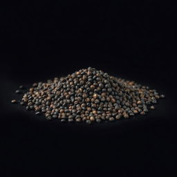 A mound of black peppercorns scattered on a flat, black surface, with no other objects in the image