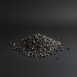 A mound of black peppercorns scattered on a flat, black surface, with no other objects in the image