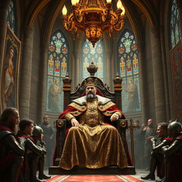 A majestic king seated confidently on a grand throne within a large, opulent castle