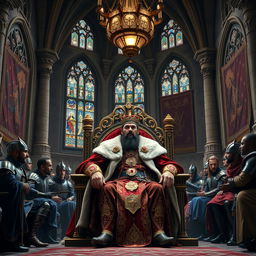 A majestic king seated confidently on a grand throne within a large, opulent castle