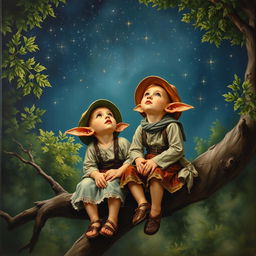 An oil painting on canvas in the style of the 18th century depicting two small, beautiful friends with pointed ears