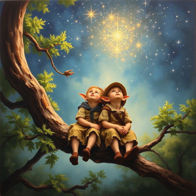 An oil painting on canvas in the style of the 18th century depicting two small, beautiful friends with pointed ears