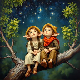 An oil painting on canvas in the style of the 18th century depicting two small, beautiful friends with pointed ears