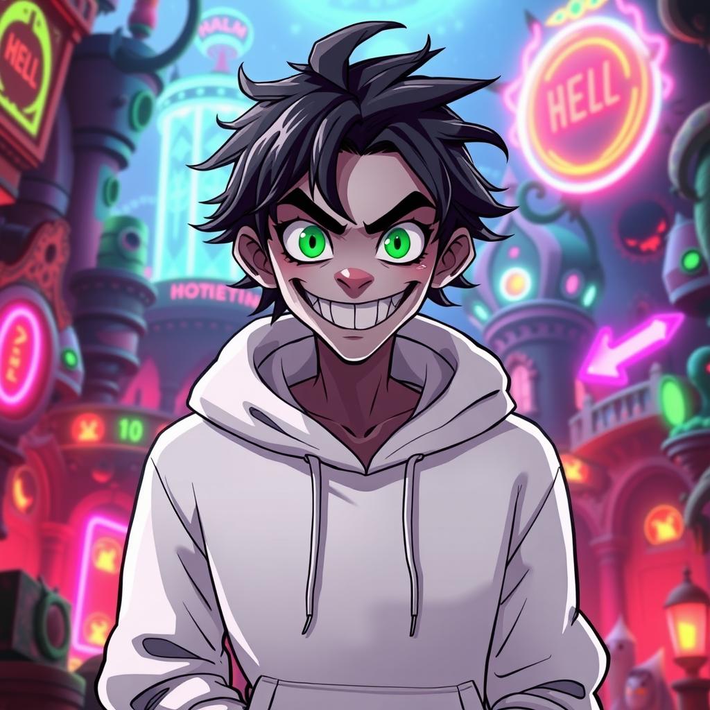 A new male character for Hazbin Hotel, wearing a white hoodie that has a slightly oversized fit