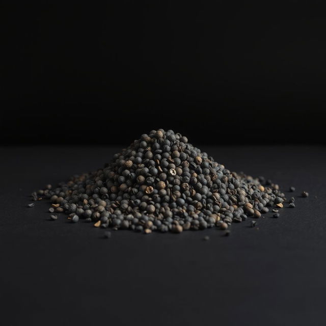 A mound of black peppercorns scattered on a flat surface, forming a neat hill