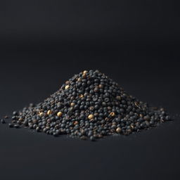 A mound of black peppercorns scattered on a flat surface, forming a neat hill