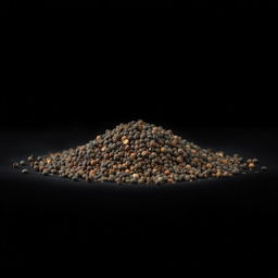 A mound of black peppercorns scattered on a flat surface, forming a neat hill