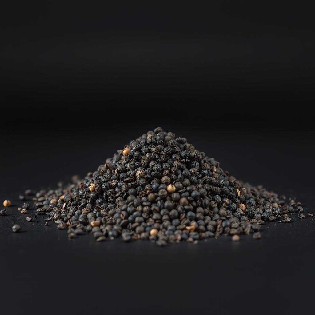 A mound of black peppercorns scattered on a flat surface, forming a neat hill