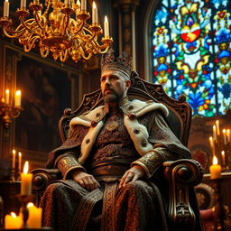 A majestic king sitting on an ornate throne in an opulent room