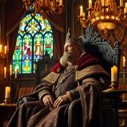 A majestic king sitting on an ornate throne in an opulent room